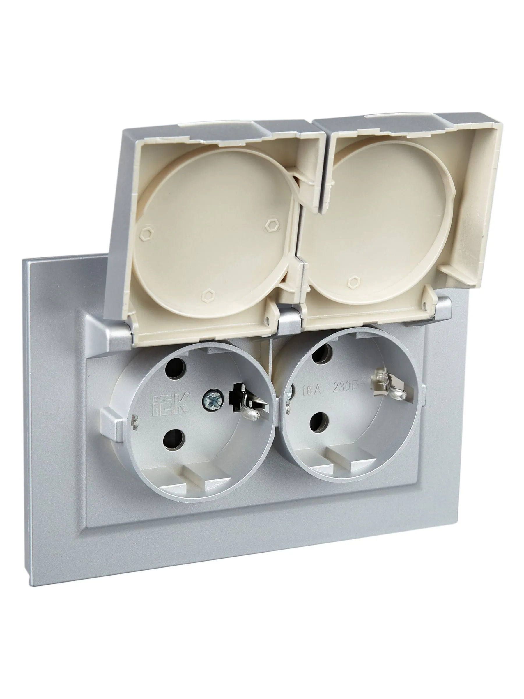 BRITE Розетка 2-местная с заземлением с защитными шторками и крышкой 16А в сборе IP44 РСбш12-3-44-БрА алюминий IEK - Фото 6