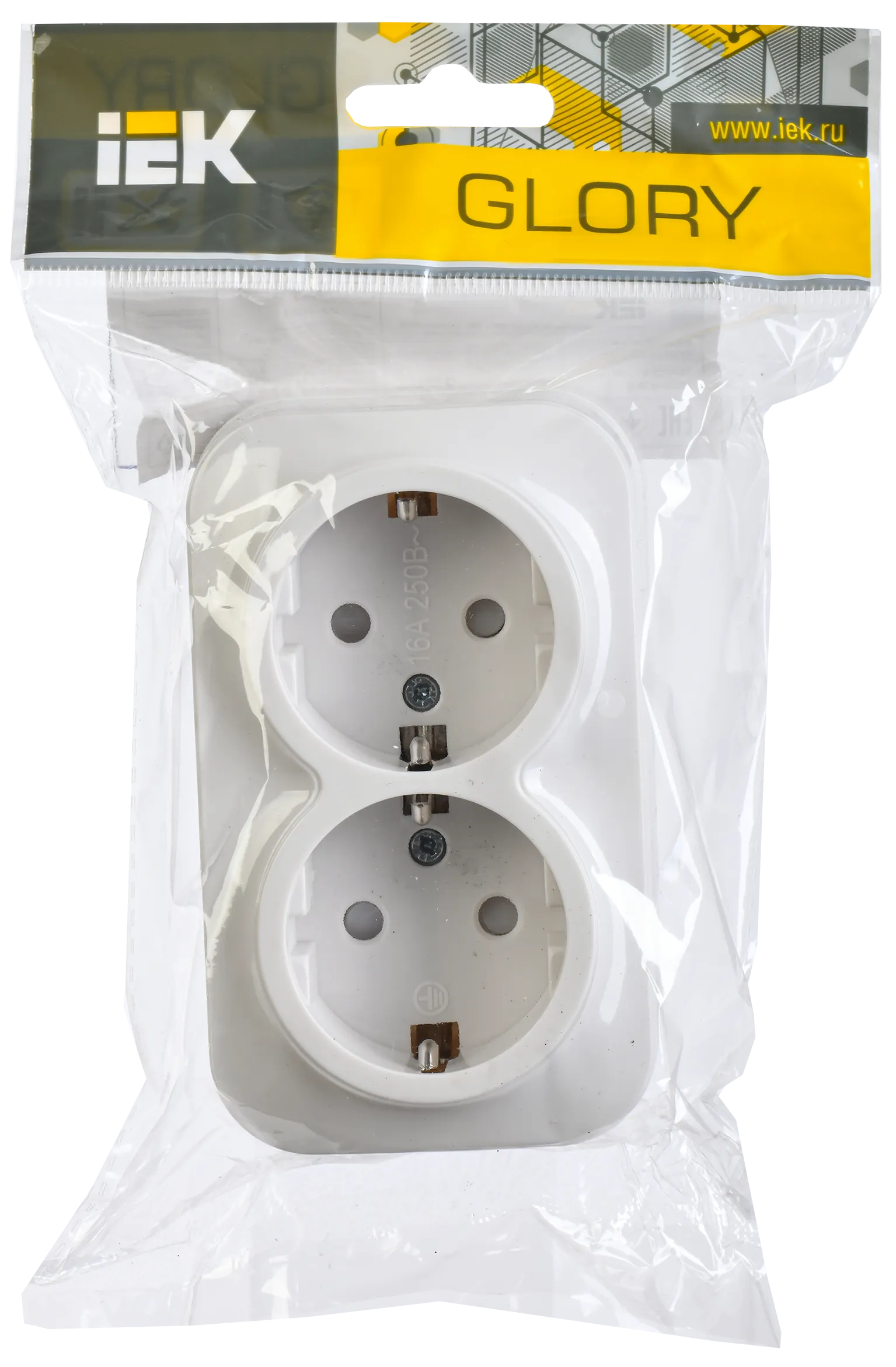 GLORY Розетка 2-местная для открытой установки с заземлением с защитными шторками 16А РСш22-3-ХБ белый IEK - Фото 2