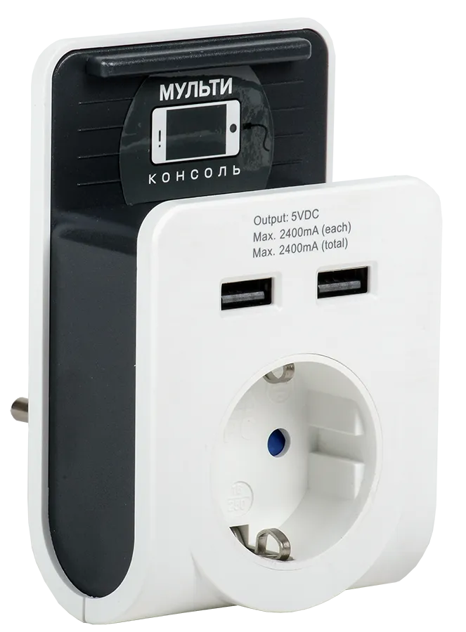 Адаптер Т-02/01 1 место с заземлением 16А 2хUSB 2,4А с подставкой белый IEK