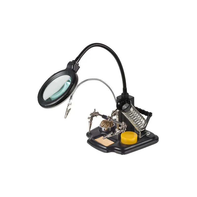 Держатель Третья рука, МАСТЕР, 3 зажима, лупа 90мм (3х), подставка паяльника, стенд припоя, LED подсветка REXANT