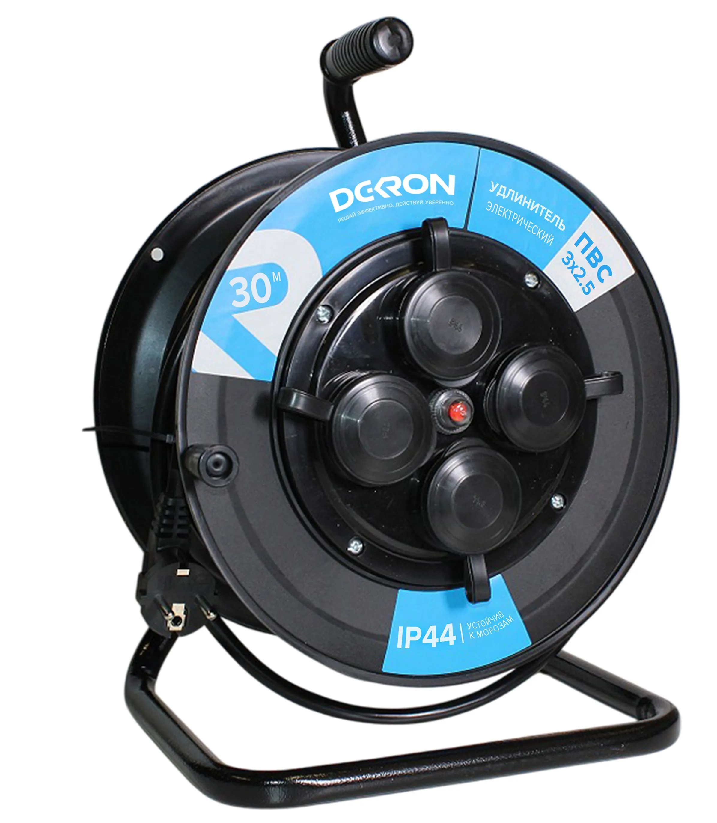 Удлинитель УКП-44 силовой на катушке 4 гн. ПВС 3х2,5 IP44 с/з 30м с автоматом защиты (катушка пластик) 16А 3500Вт УКП4404-9324