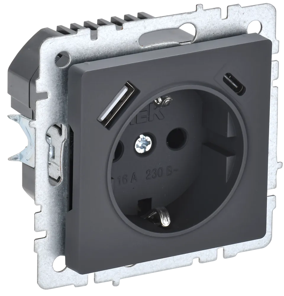 BRITE Розетка 1-местная с заземлением с защитными шторками 16А с USB A+C 18Вт РЮш11-1-БрГ графит IEK