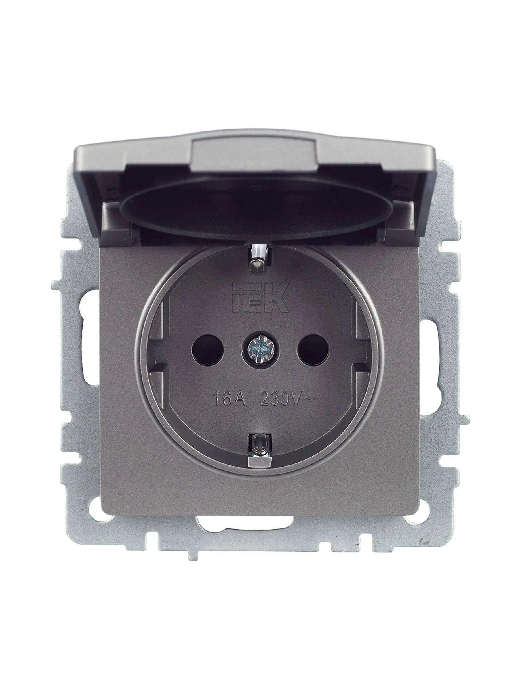 BRITE Розетка 1-местная с заземлением с защитными шторками и крышкой 16А IP20 РСбш10-3-БрС сталь IEK - Фото 3
