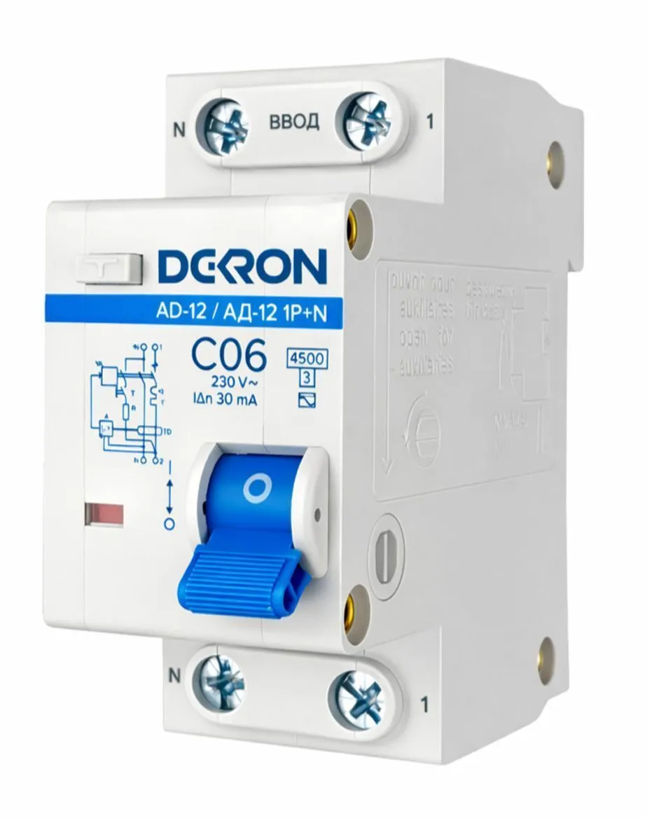Автоматический выключатель дифференциального тока АД12 1P+N С06A АС30мА 4.5KA