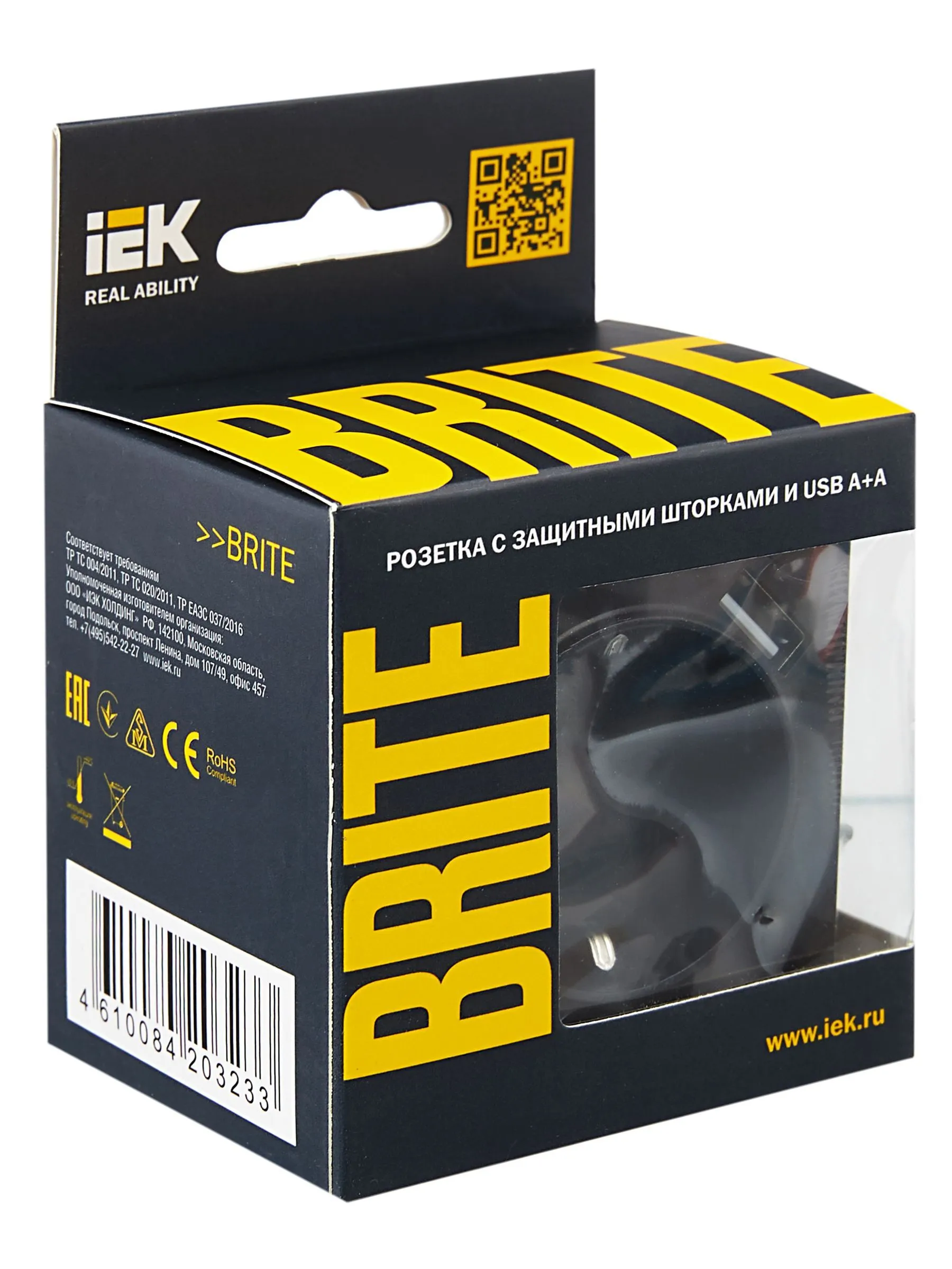 BRITE Розетка 1-местная с заземлением с защитными шторками 16А с USB A+A 5В 2,1А РЮш10-1-БрЧ черный IEK - Фото 6