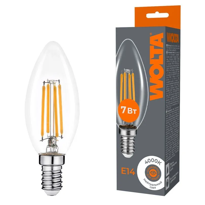 Светодиодная лампа WOLTA Filament, AC 220-240В, 50/60 Гц, прозрачное стекло, "Свеча", C35, E14, 7 Вт, 630 лм, 4000 К, 1/10/100 WF-C35-7W4KE14