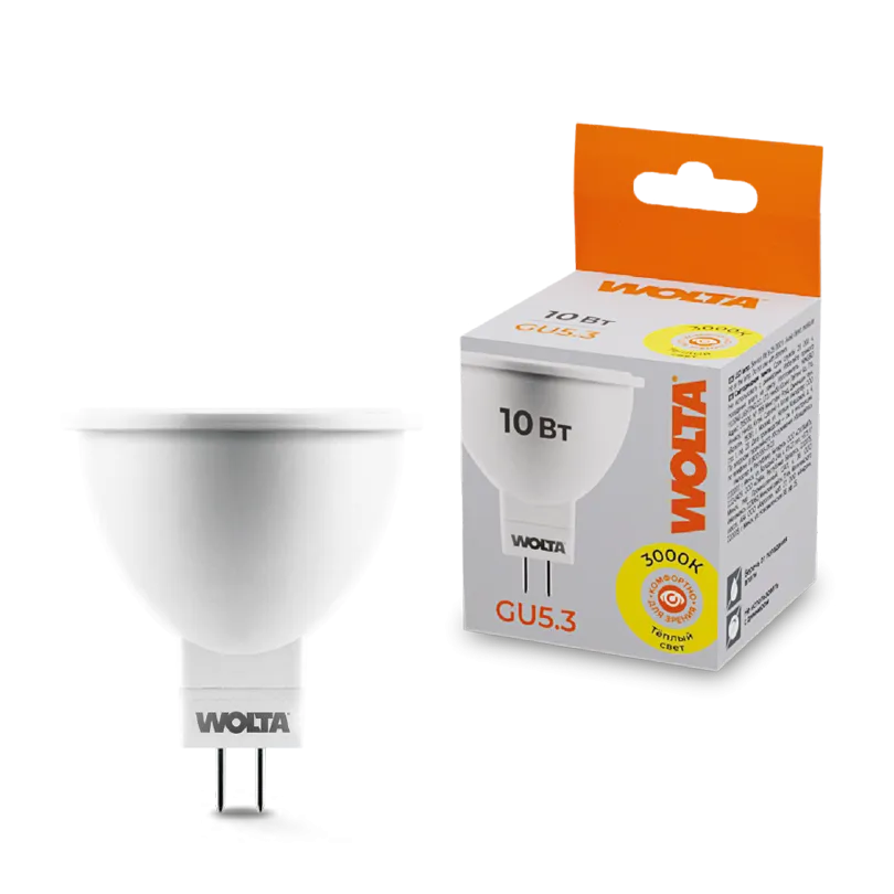 Лампа светодиодная "Рефлектор-MR16" 10Вт 825лм 3000К GU5.3 (50шт/уп) WOLTA