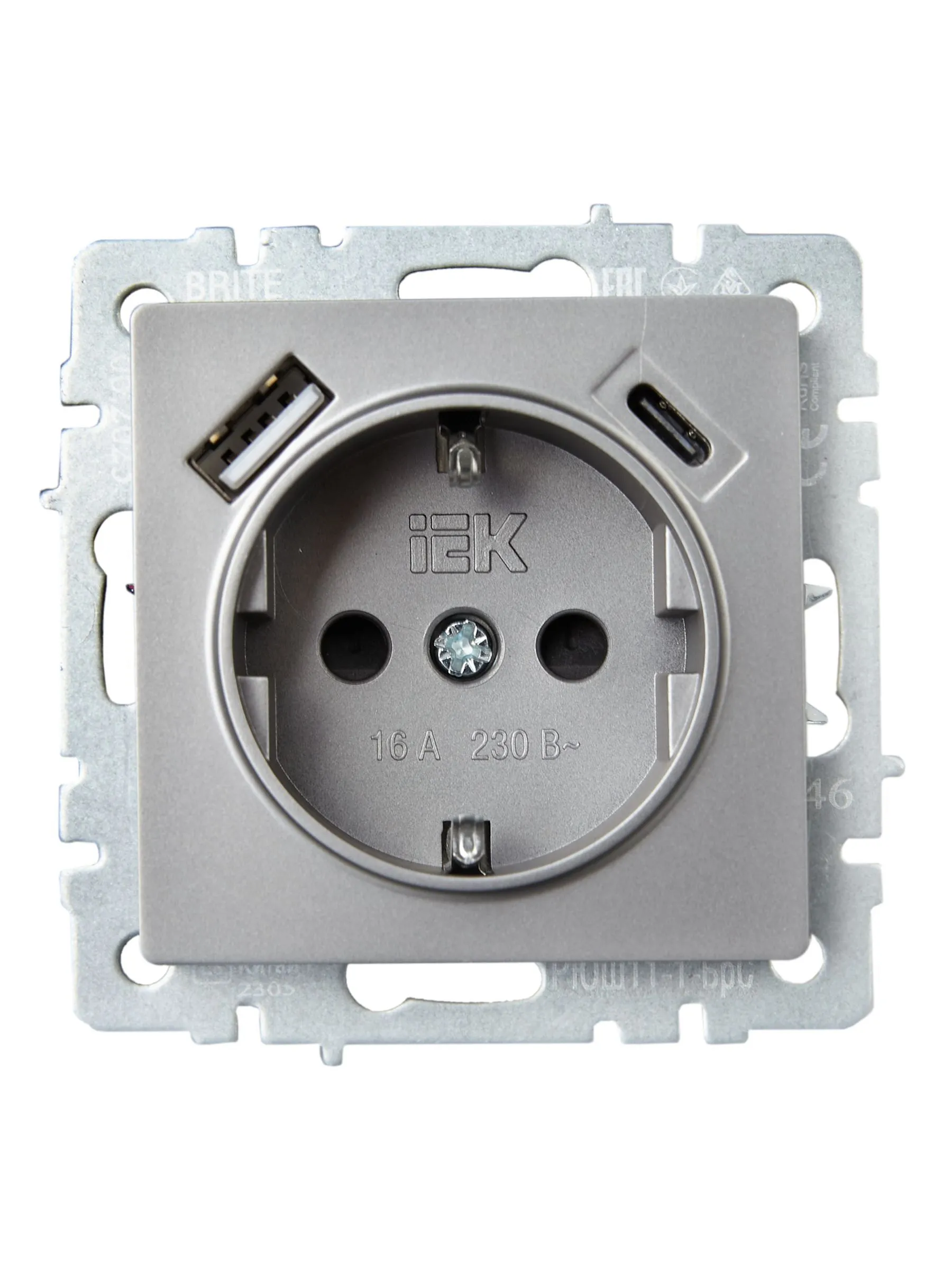 BRITE Розетка 1-местная с заземлением с защитными шторками 16А с USB A+C 18Вт РЮш11-1-БрС сталь IEK - Фото 4