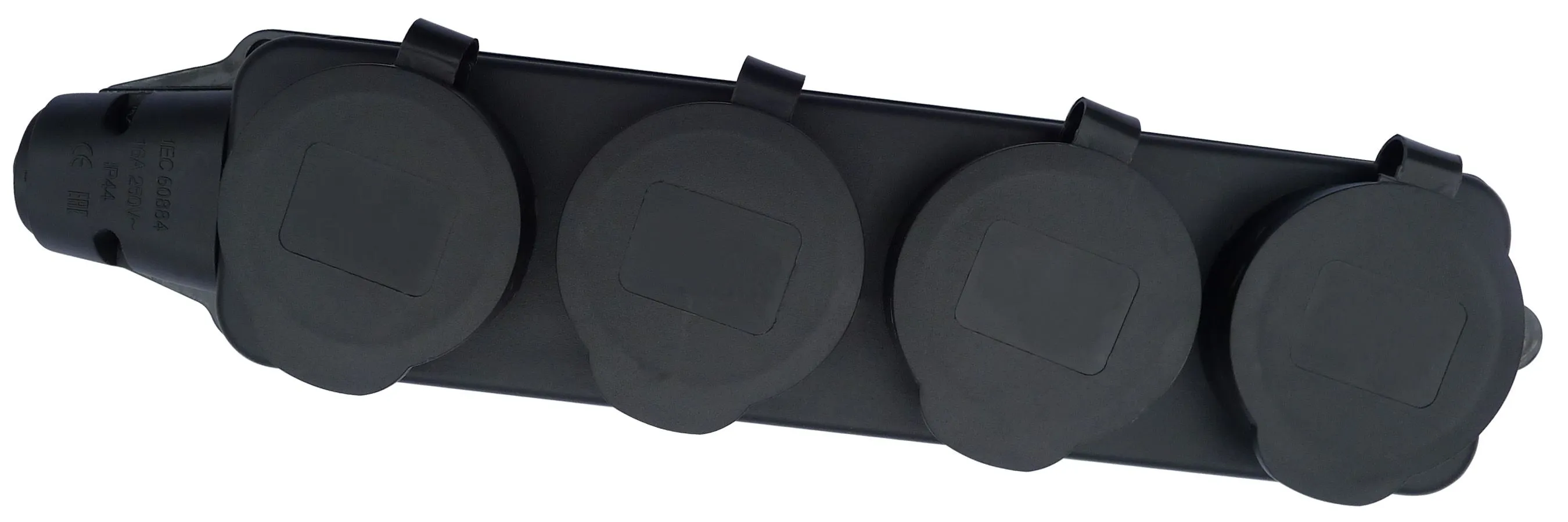 Розетка 4-местная огнестойкая с защитными крышками 16A, 250V, каучук, черный DEKRON для дома