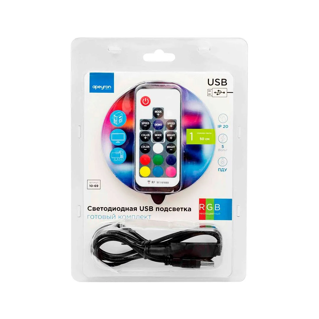 Комплект светодиодной ленты (ТВ подсветка) smd5050 30д/м 5В IP20 0,5м RGB Apeyron - Фото 6