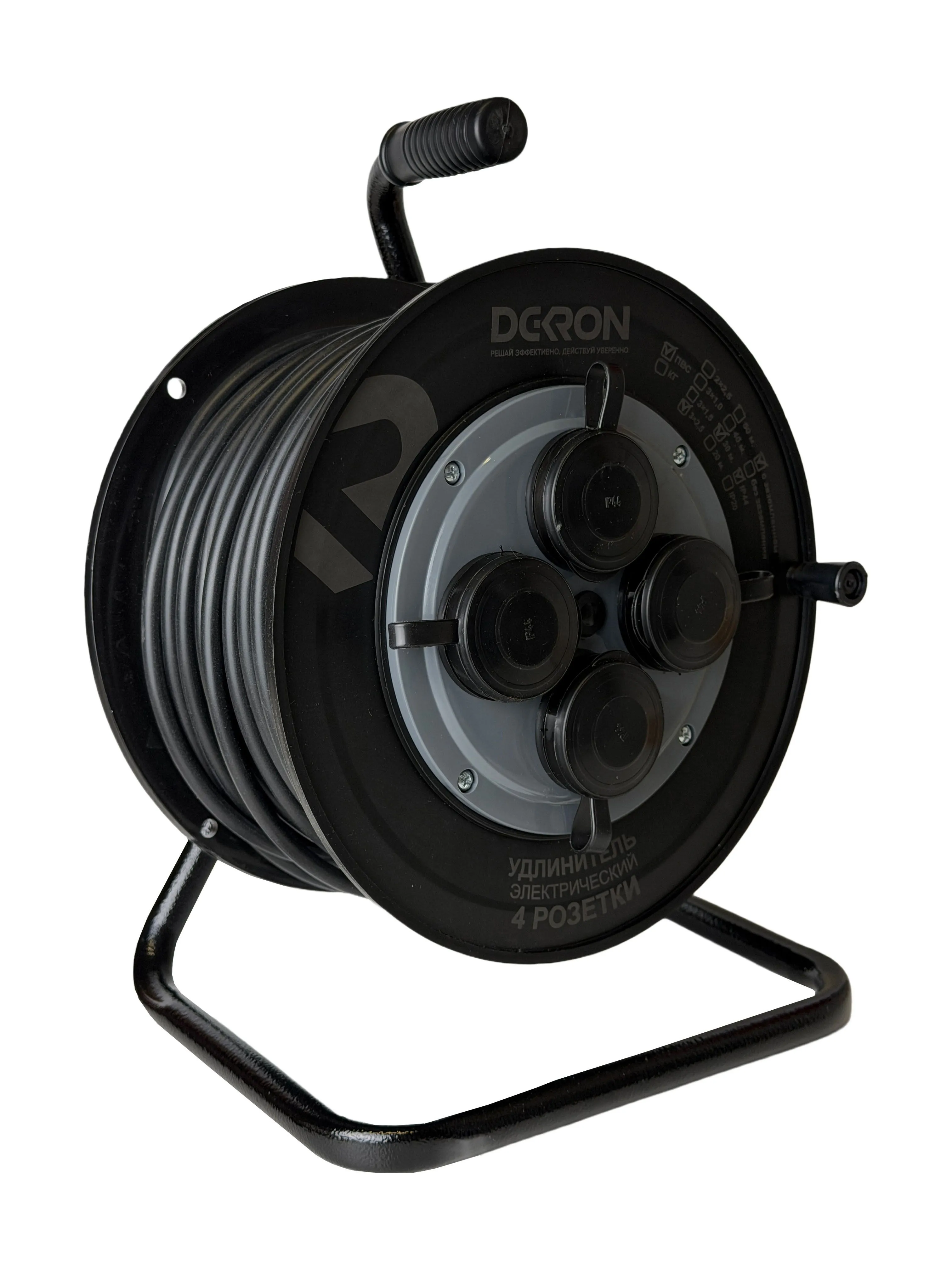 Удлинитель силовой ПВС 3х2,5 30м, на катушке (пластик), 4 гнезда с заземлением и крышками, 16А, IP44 DEKRON DEK0906-0022