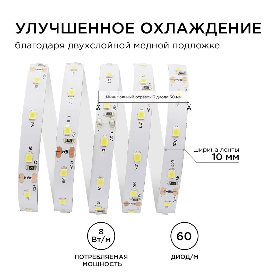 Лента светодиодная СТ smd2835 60д/м 12В 4000К IP20 5м Apeyron - Фото 5