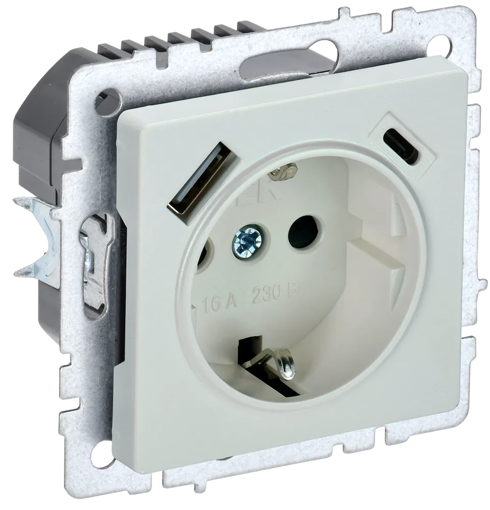 BRITE Розетка 1-местная с заземлением с защитными шторками 16А с USB A+C 18Вт РЮш11-1-БрЖ жемчуг IEK BR-R14-16-U22-018-K36