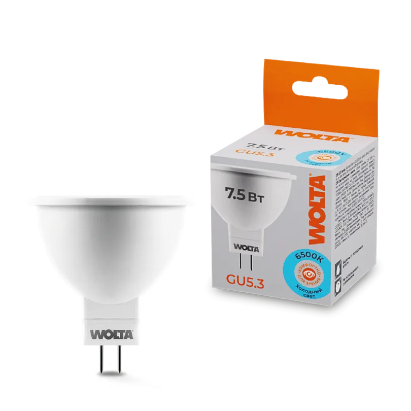 Лампа светодиодная "Рефлектор-MR16" 7.5Вт 625лм 6500К GU5.3 (50шт/уп) WOLTA 25WMR16-220-7.5GU5.3