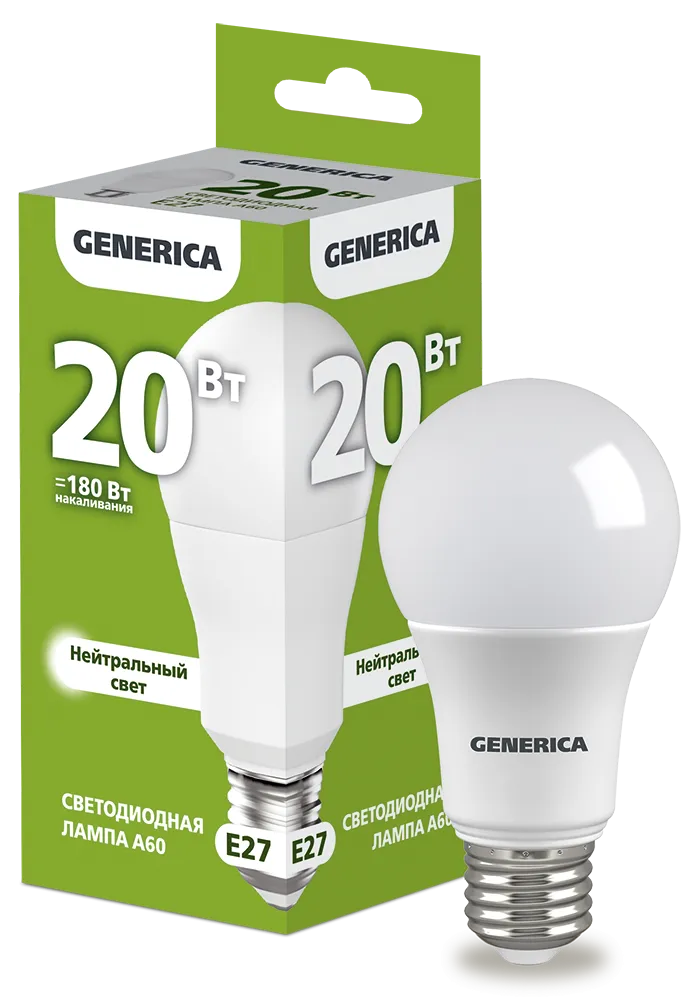 Лампа светодиодная A60 груша 20Вт 230В 4000К E27 GENERICA LL-A60-20-230-40-E27-G