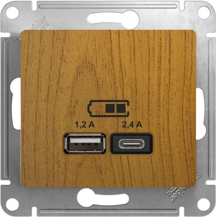 Розетка USB Glossa тип A+C 5В/2.4А 2х5В/1.2А механизм дерево дуб SE GSL000539