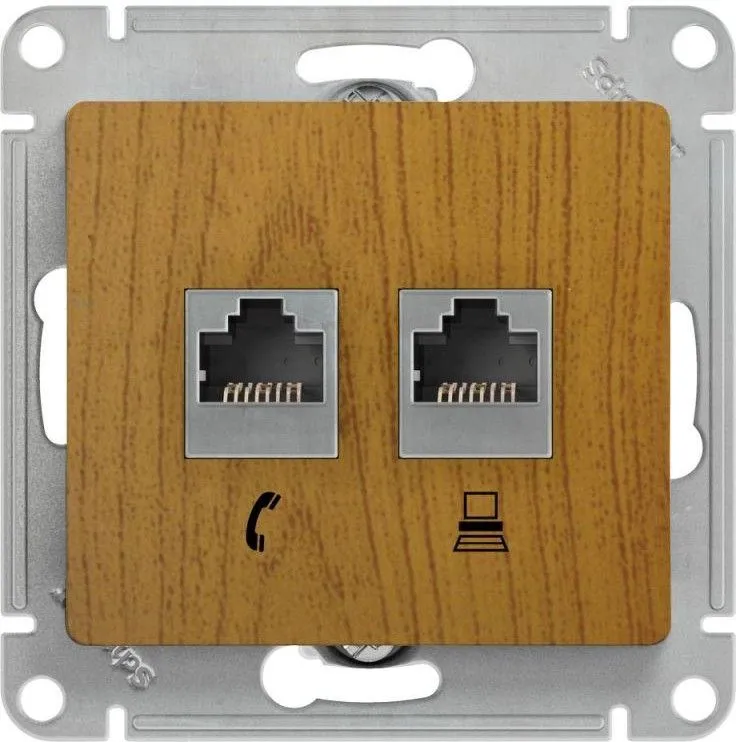 Розетка компьютерная + телефонная 2-м СП Glossa RJ45 + RJ11 кат.5E механизм дерево дуб SE GSL000585