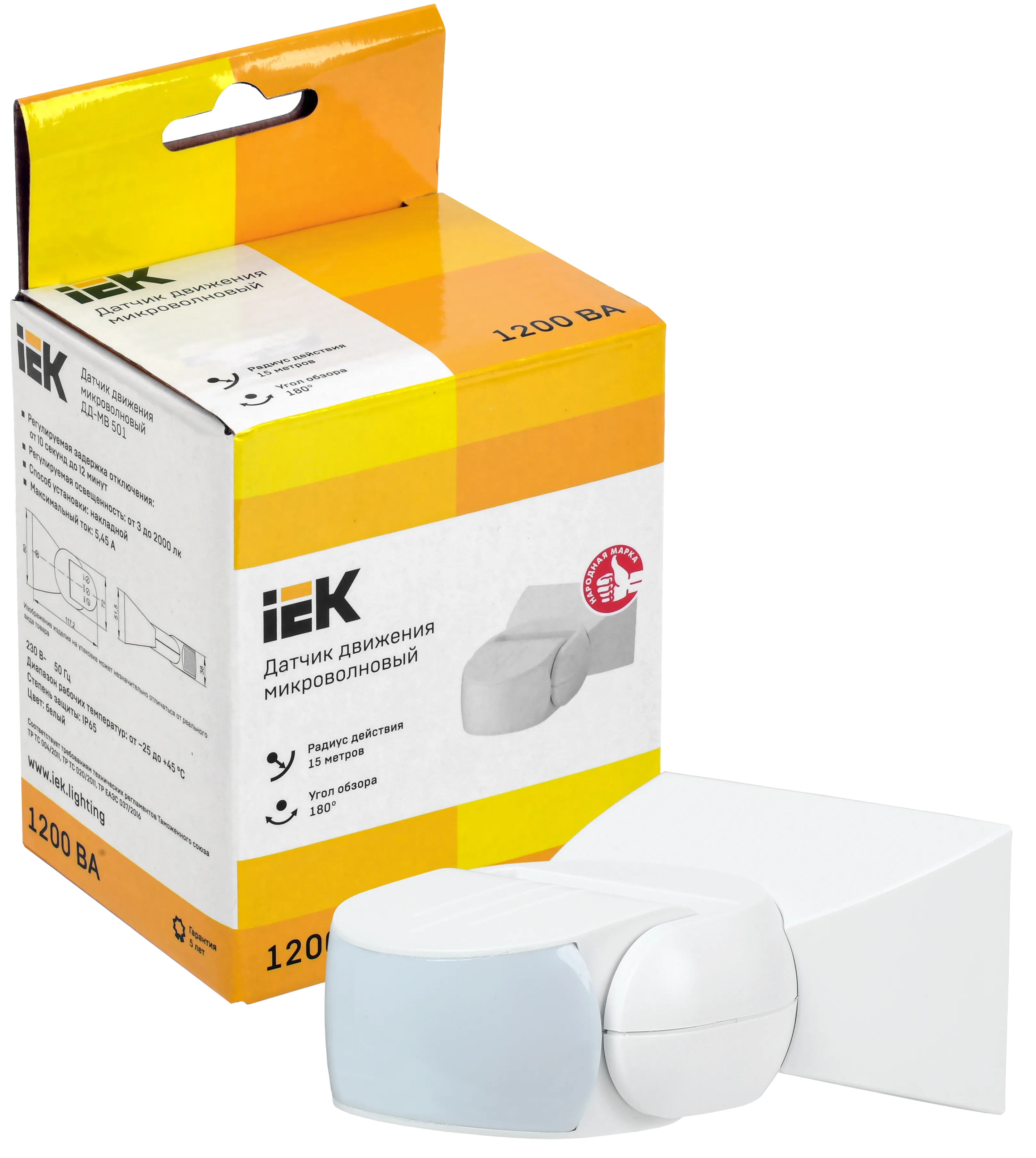 Датчик движения ДД-МВ501 1200Вт 180град 15м IP65 белый IEK - Фото 3