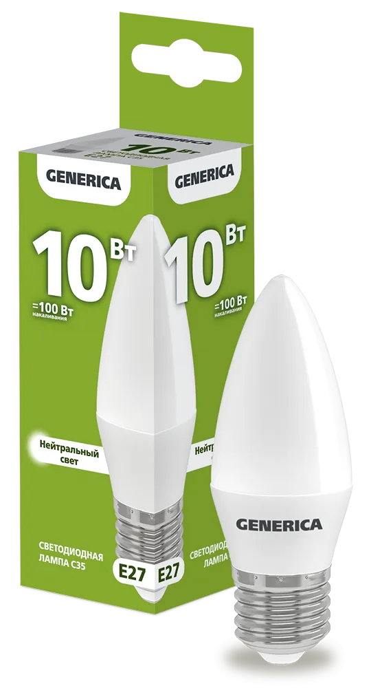 Лампа светодиодная C35 свеча 10Вт 230В 4000К E27 GENERICA LL-C35-10-230-40-E27-G