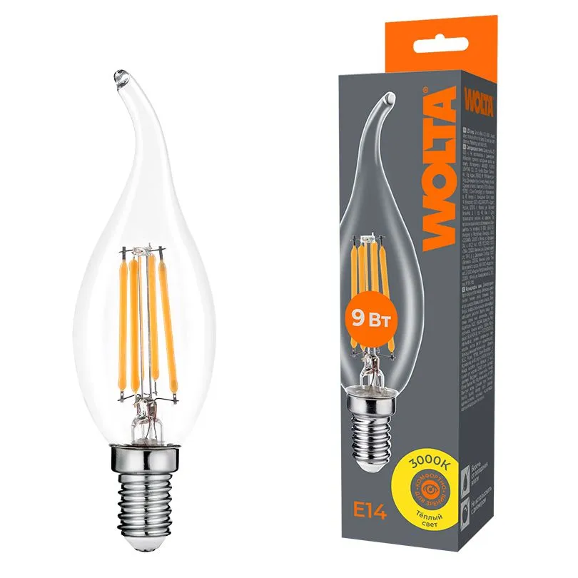 Светодиодная лампа WOLTA Filament, AC 210-240В, 50/60 Гц, прозрачное стекло, "Свеча на ветру", CT35, E14, 9 Вт, 810 лм, 3000 К, 1/10/100