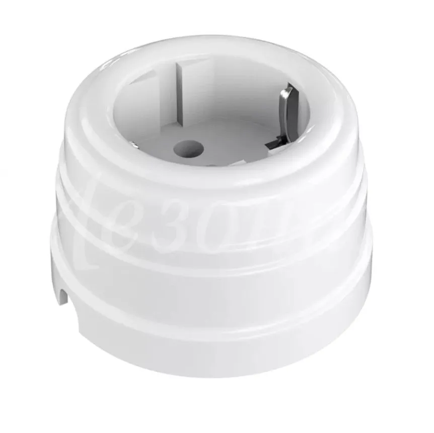 Розетка ретро пластиковая, двухполюсная, с заземляющим контактом, IP20, цвет - белый