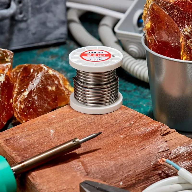 Припой с канифолью ПОС-61, 100г, Ø3мм, (олово 61%, свинец 39%), катушка REXANT - Фото 2