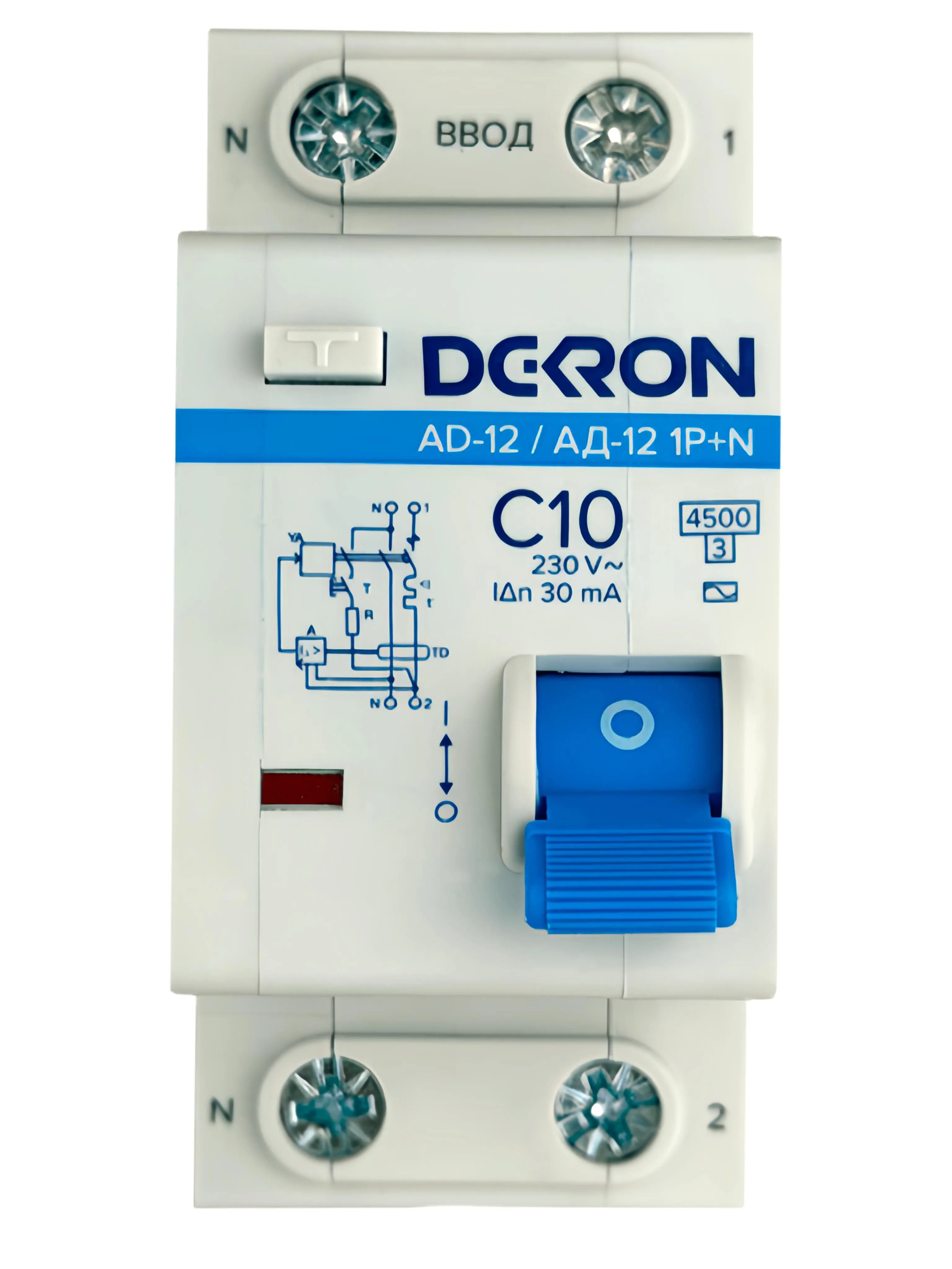 Автоматический выключатель дифференциального тока АД12 1P+N С10A АС30мА 4.5KA ad12-2-C10-30AC-dek