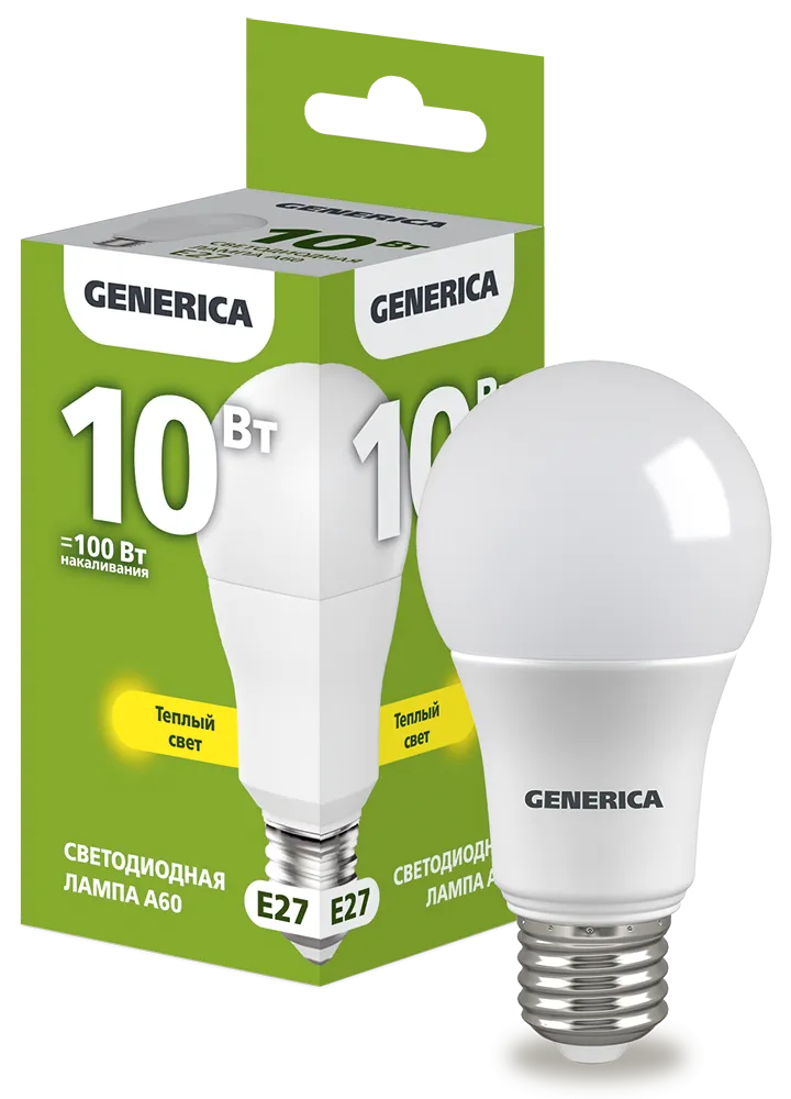 Лампа светодиодная A60 груша 10Вт 230В 3000К E27 GENERICA LL-A60-10-230-30-E27-G