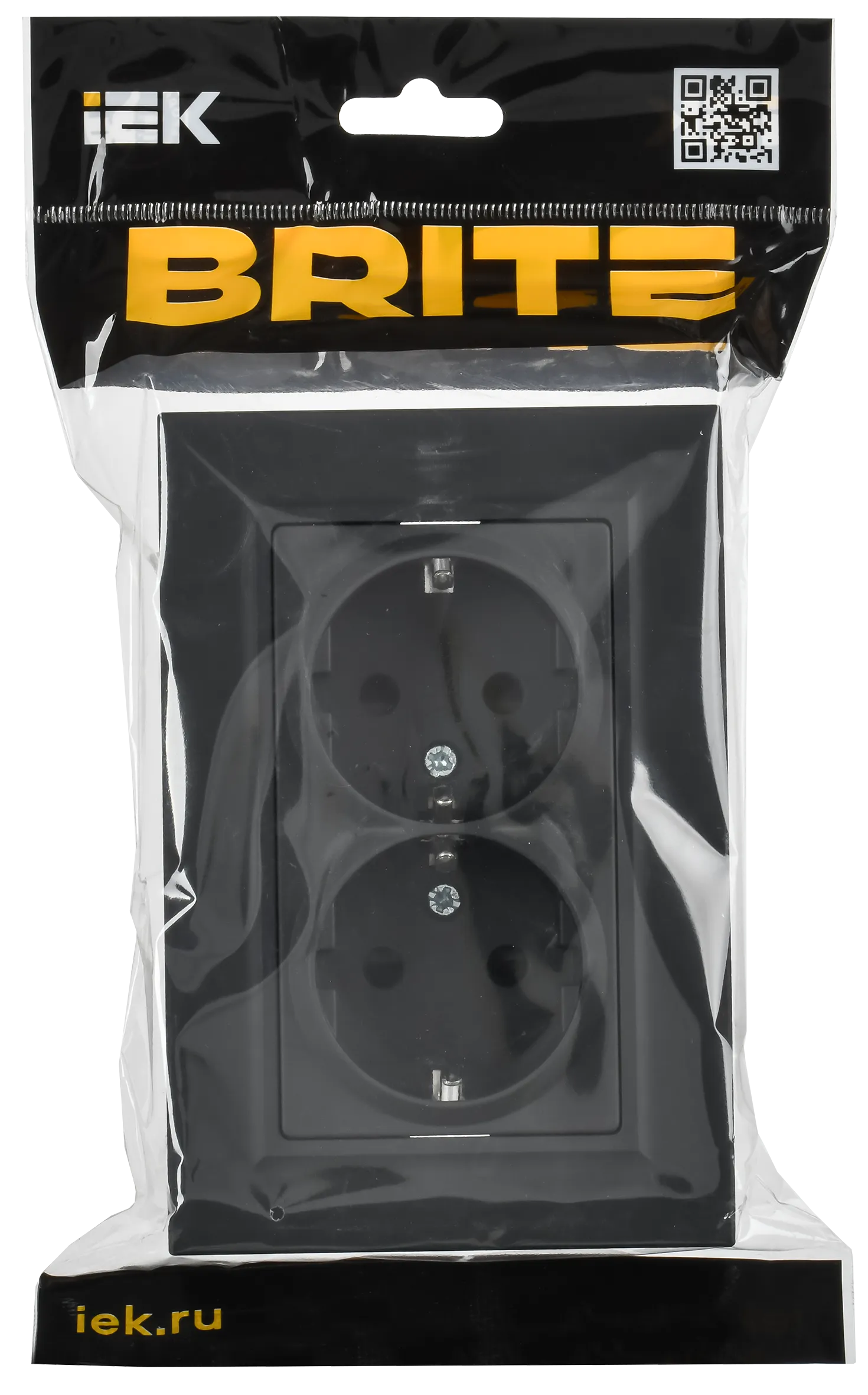 BRITE Розетка 2-местная с заземлением с защитными шторками плоская 16А в сборе РСшПл12-3-БрГ графит IEK - Фото 2