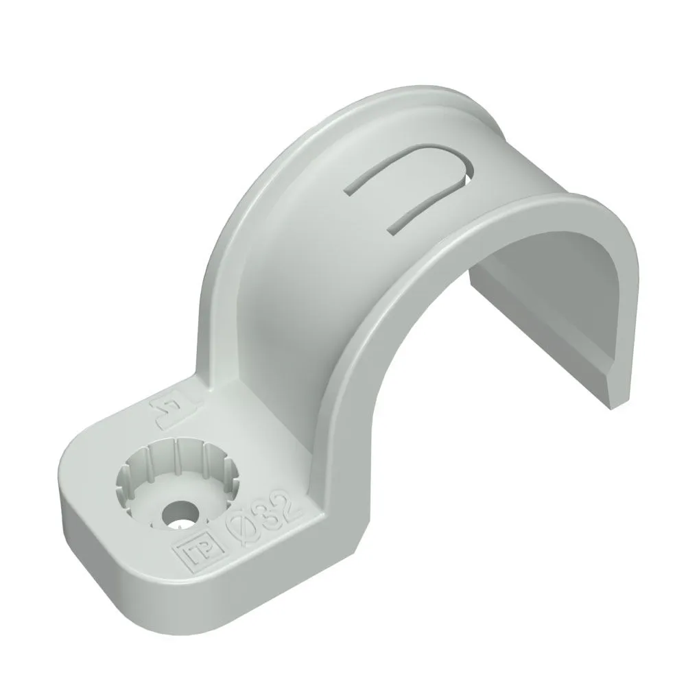 Крепеж-скоба пластиковая односторонняя для прямого монтажа атмосферостойкая серая в п/э d32 мм (5шт/