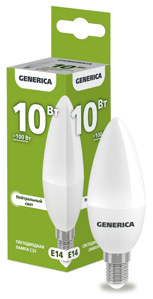 Лампа светодиодная C35 свеча 10Вт 230В 4000К E14 GENERICA