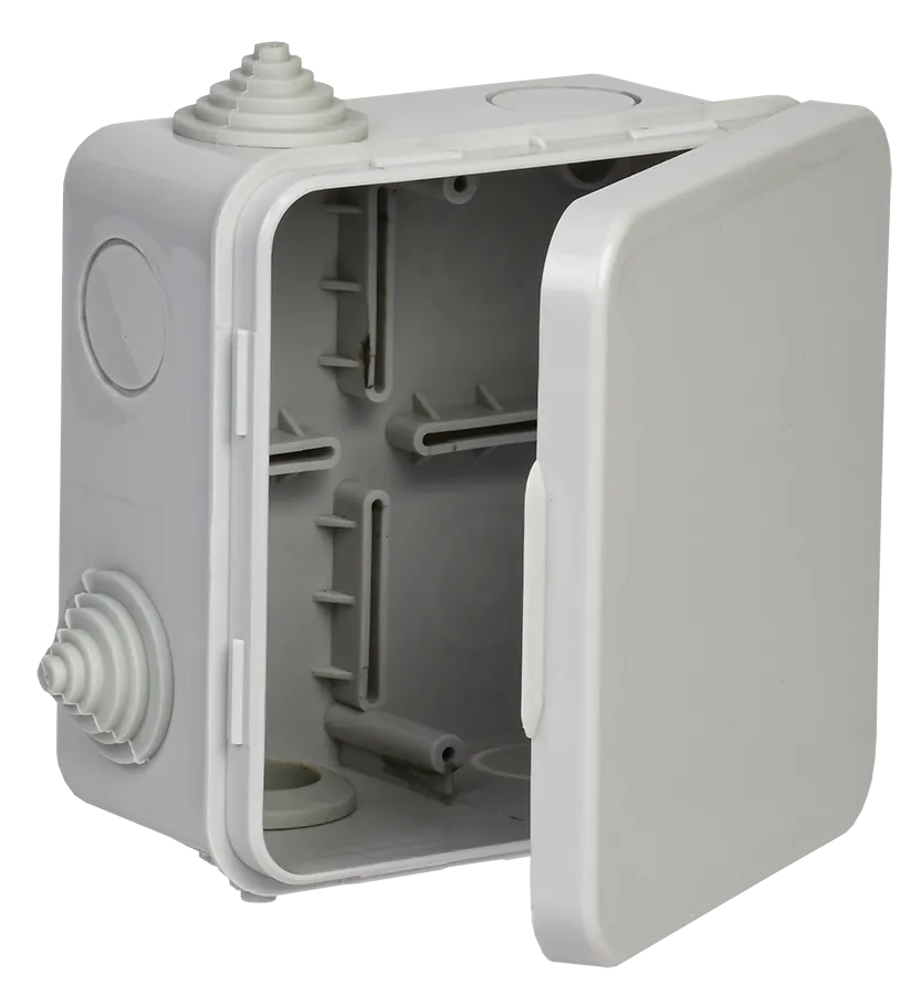 Коробка распаячная для о/п 100х100х50мм IP54 КМ41256 безгалогенная (HF) с откидной крышкой 8 гермовводов серая IEK UKO31-100-100-050-K03-54