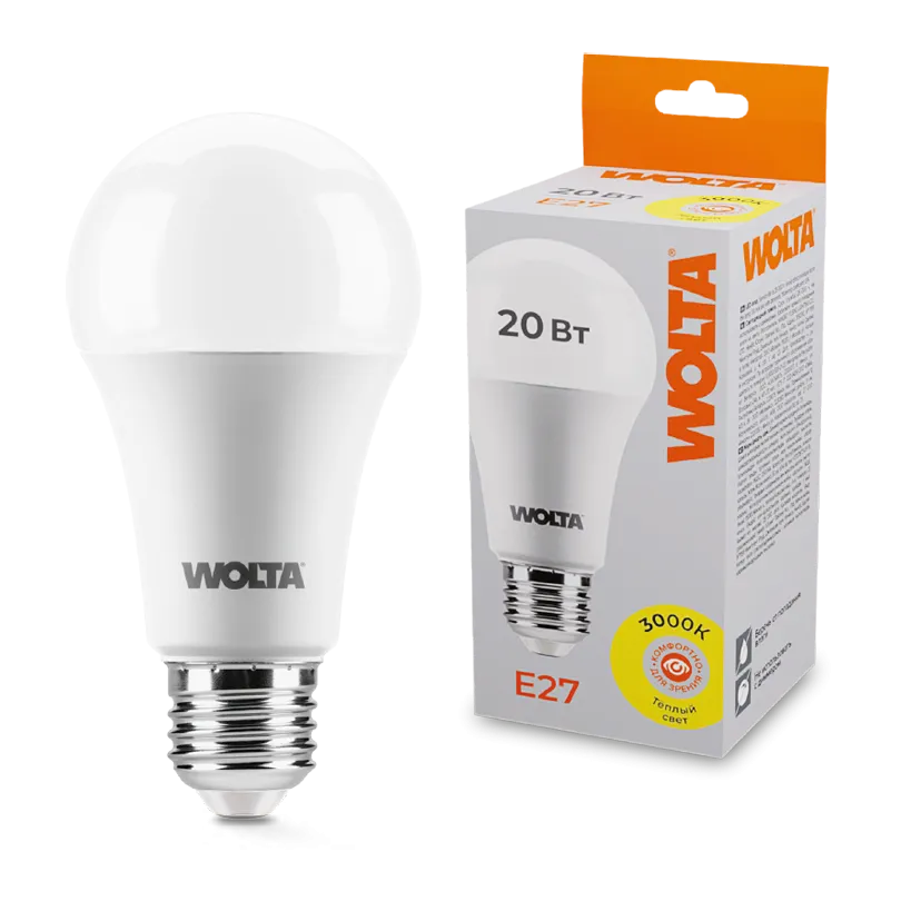 Лампа светодиодная "Груша" A65 20Вт 1400лм 3000К Е27 (50шт/уп) WOLTA
