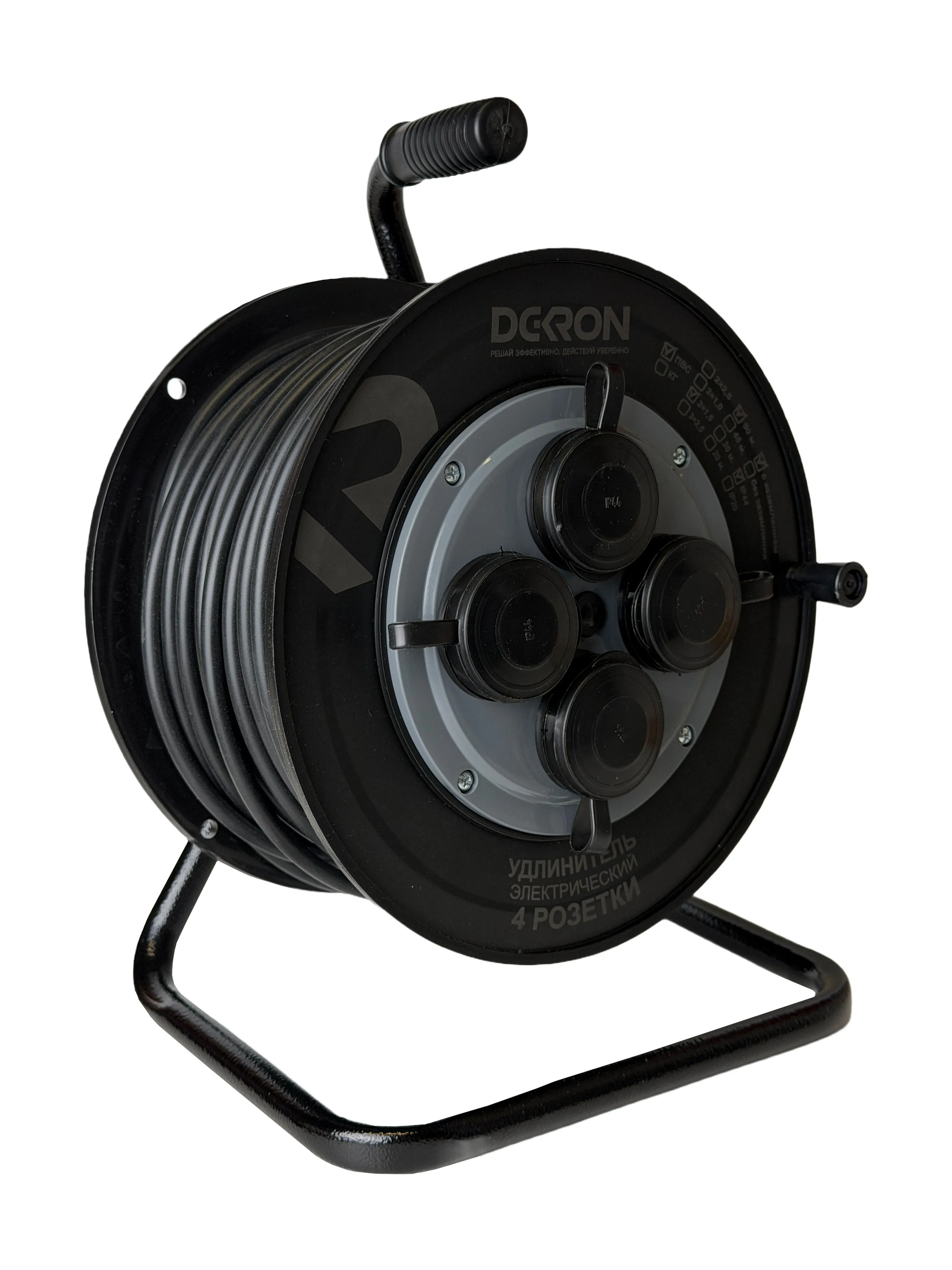 Удлинитель силовой ПВС 3х1,5 50м, на катушке (пластик), 4 гнезда с заземлением и крышками, 16А, IP44 DEKRON DEK0906-0020