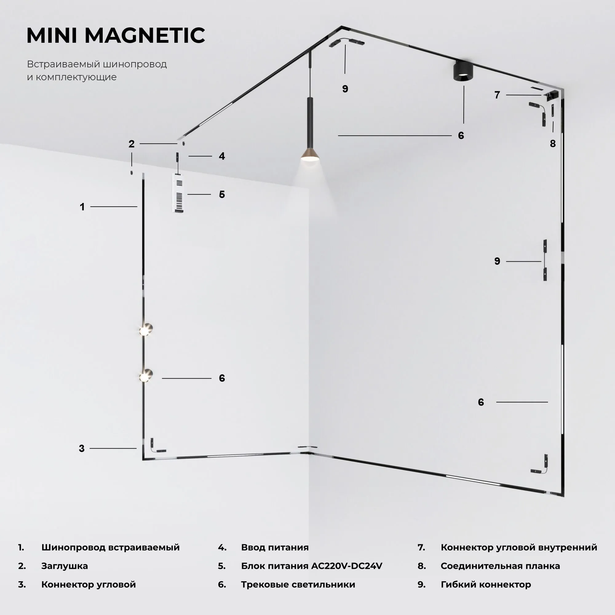 Mini Magnetic Коннектор угловой для встраиваемого шинопровода (черный) - Фото 8
