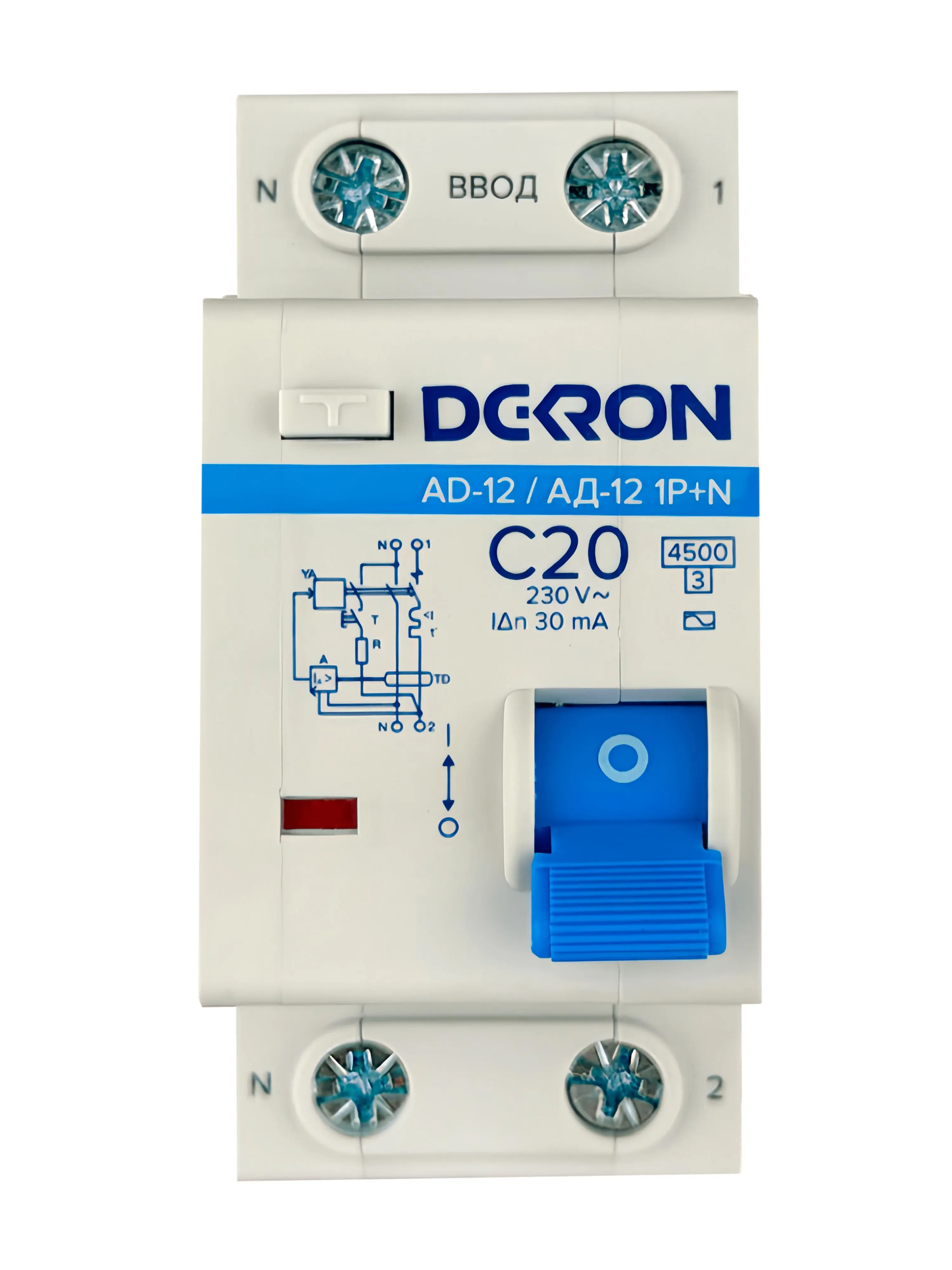 Автоматический выключатель дифференциального тока АД12 1P+N С20A АС30мА 4.5KA ad12-2-C20-30AC-dek