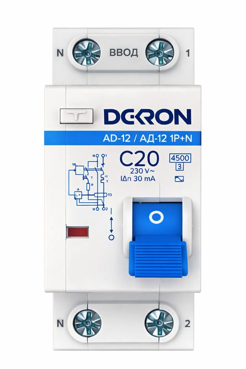 Автоматический выключатель дифференциального тока АД12 1P+N С20A АС30мА 4.5KA ad12-2-C20-30AC-dek
