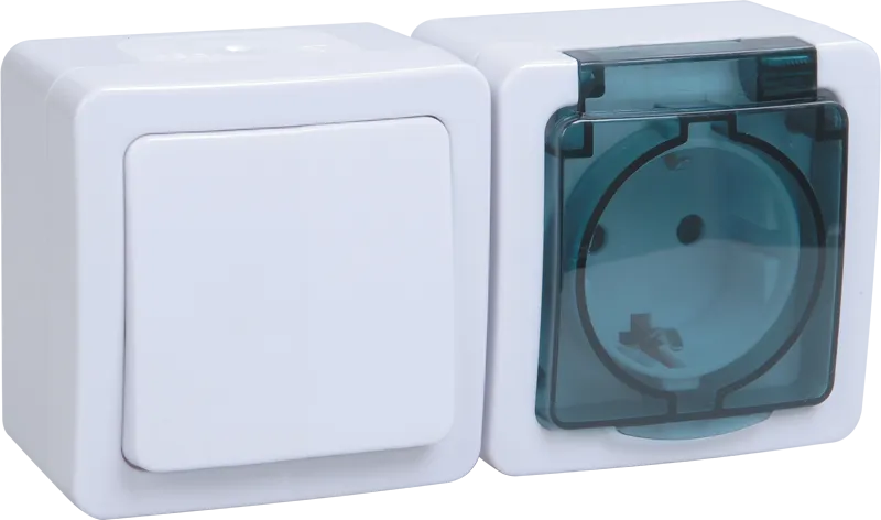 Блок горизонтальный для открытой установки БГб-22-31-ГПБд (Выключатель 1-клавишный + розетка 1-местная с заземляющим контактом) IP54 ГЕРМЕС PLUS (белы EBGMP20-K03-31-54-EC