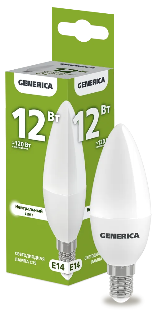 Лампа светодиодная C35 свеча 12Вт 230В 4000К E14 GENERICA