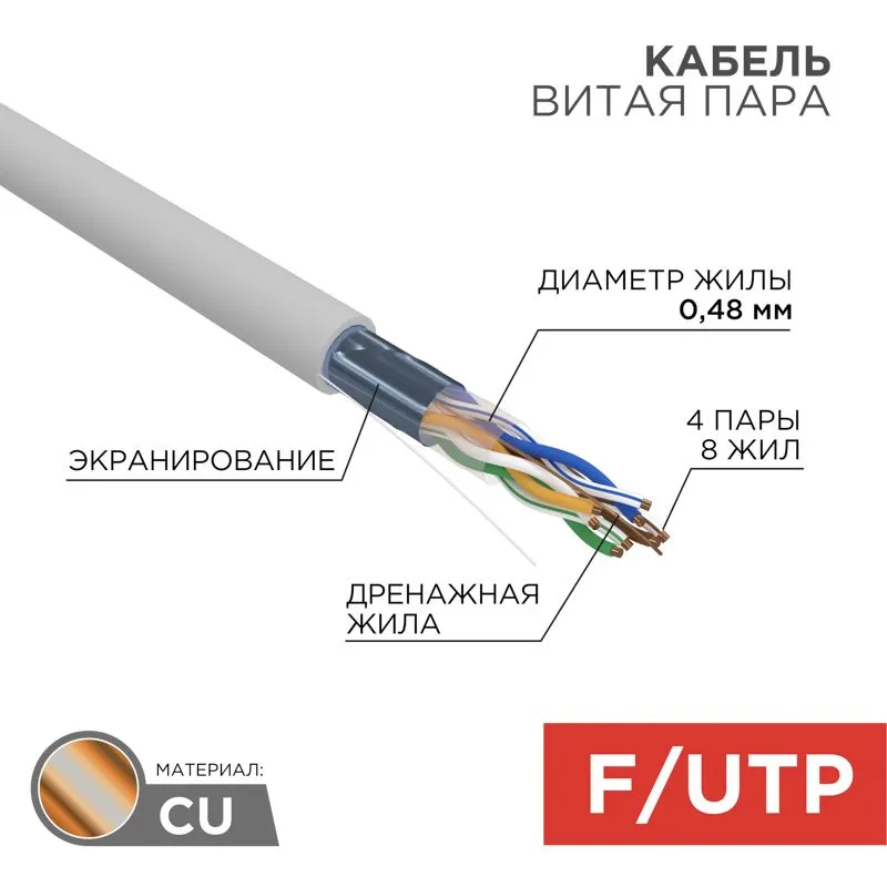 Кабель витая пара F/UTP, CAT 5е, PVC, 4PR, 24AWG, INDOOR, SOLID, серый, 100м PROconnect 01-0152-100