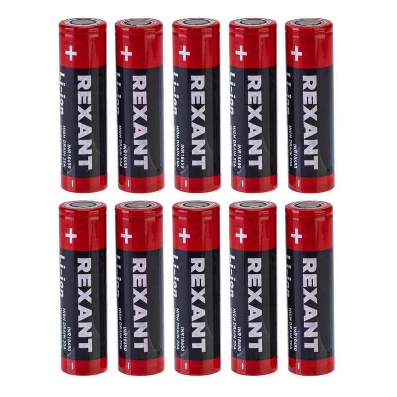 Аккумулятор Li-ion 18650, 3,7В, 3000мАч, без платы защиты, плоский контакт, 10 шт, коробка REXANT - Фото 2