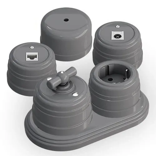 Розетка ретро пластиковая, двухполюсная, с заземляющим контактом, IP20, цвет - серый - Фото 2