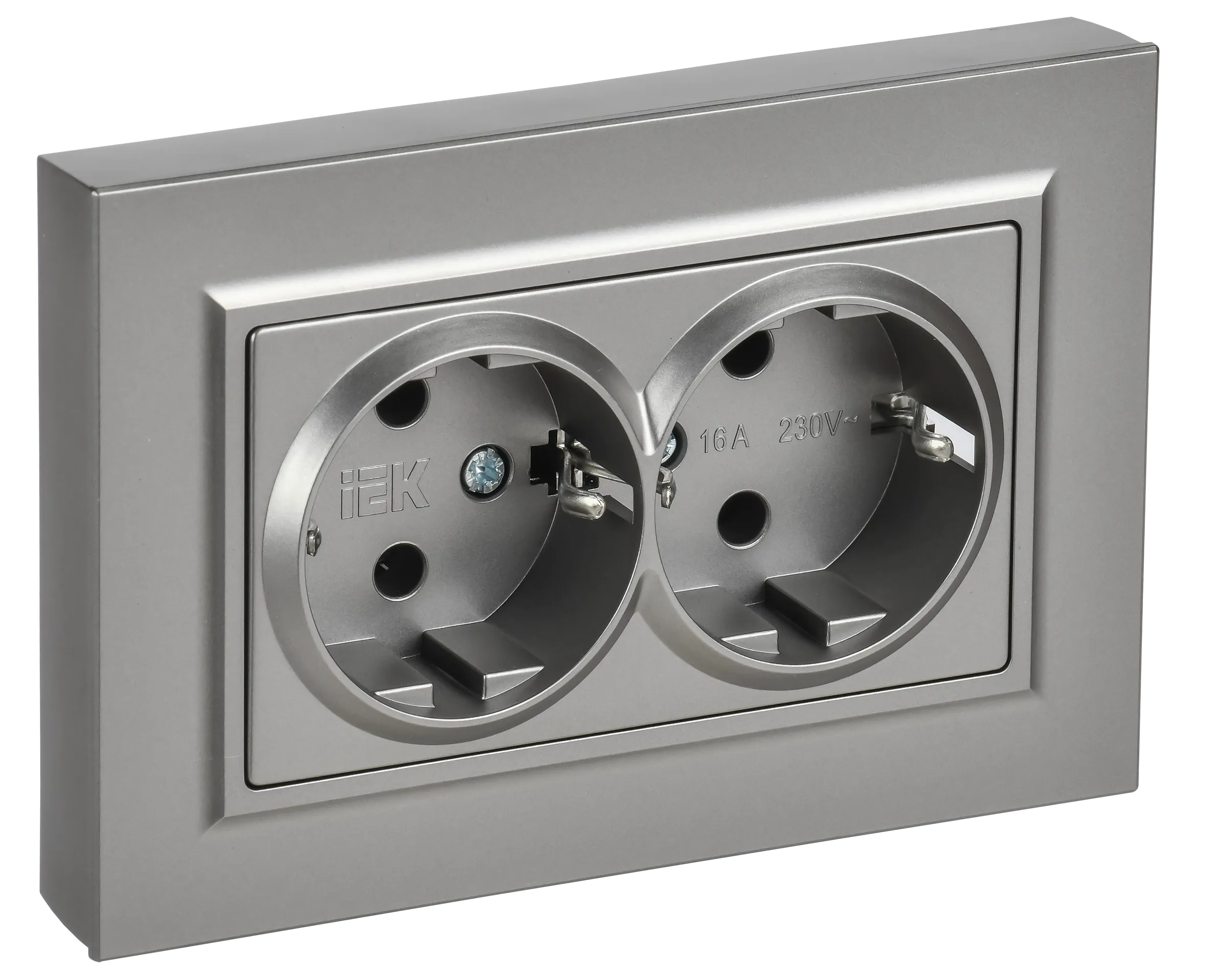 BRITE Розетка 2-местная с заземлением без защитных шторок плоская 16А в сборе РСПл12-3-БрС сталь IEK BR-R27-16-K46-F