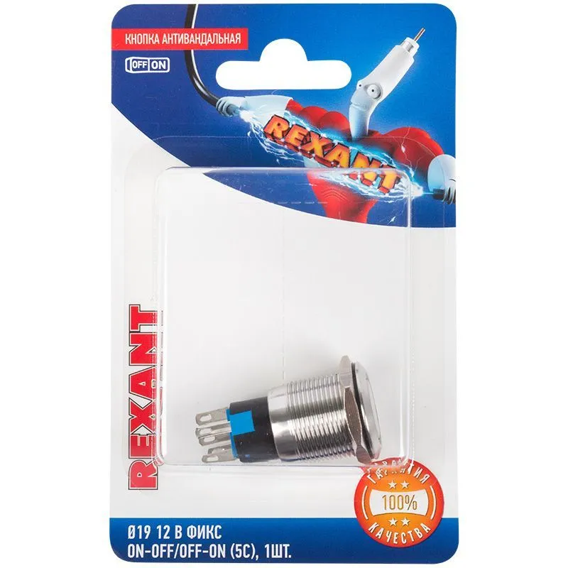Кнопка  антивандальная Ø19 12В Фикс (5с) ON-OFF/OFF-ON подсв/красная  REXANT (в упак. 1шт.) 06-0365-B