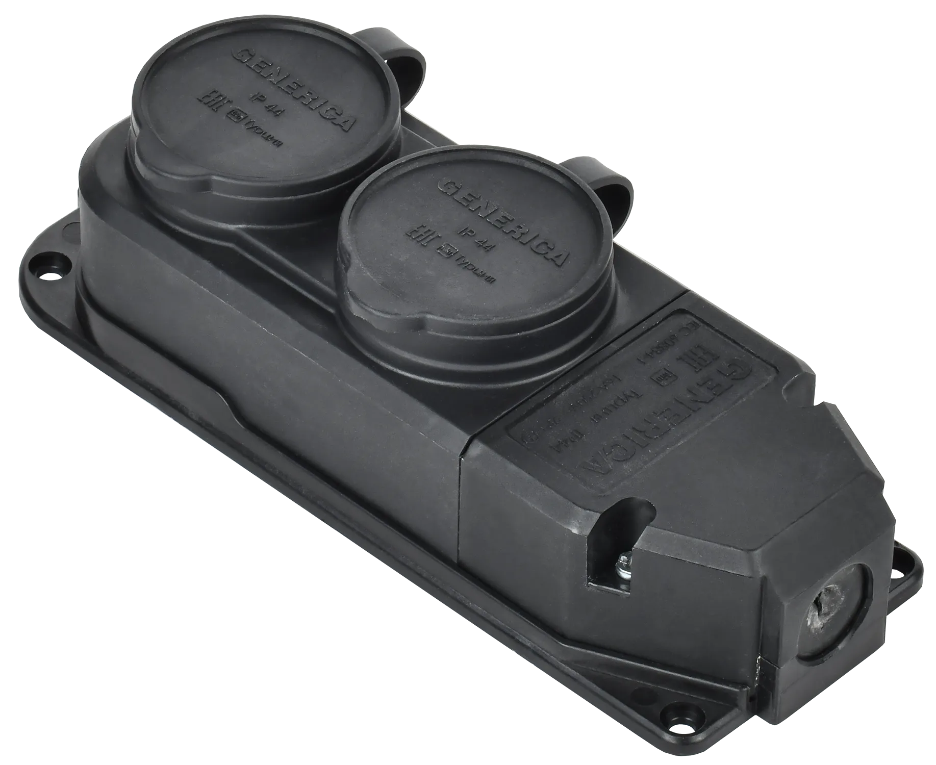 Розетка (колодка) двухместная с защитной крышкой 16А IP44 каучук черная GENERICA ERK20-016-02-44-K02-G