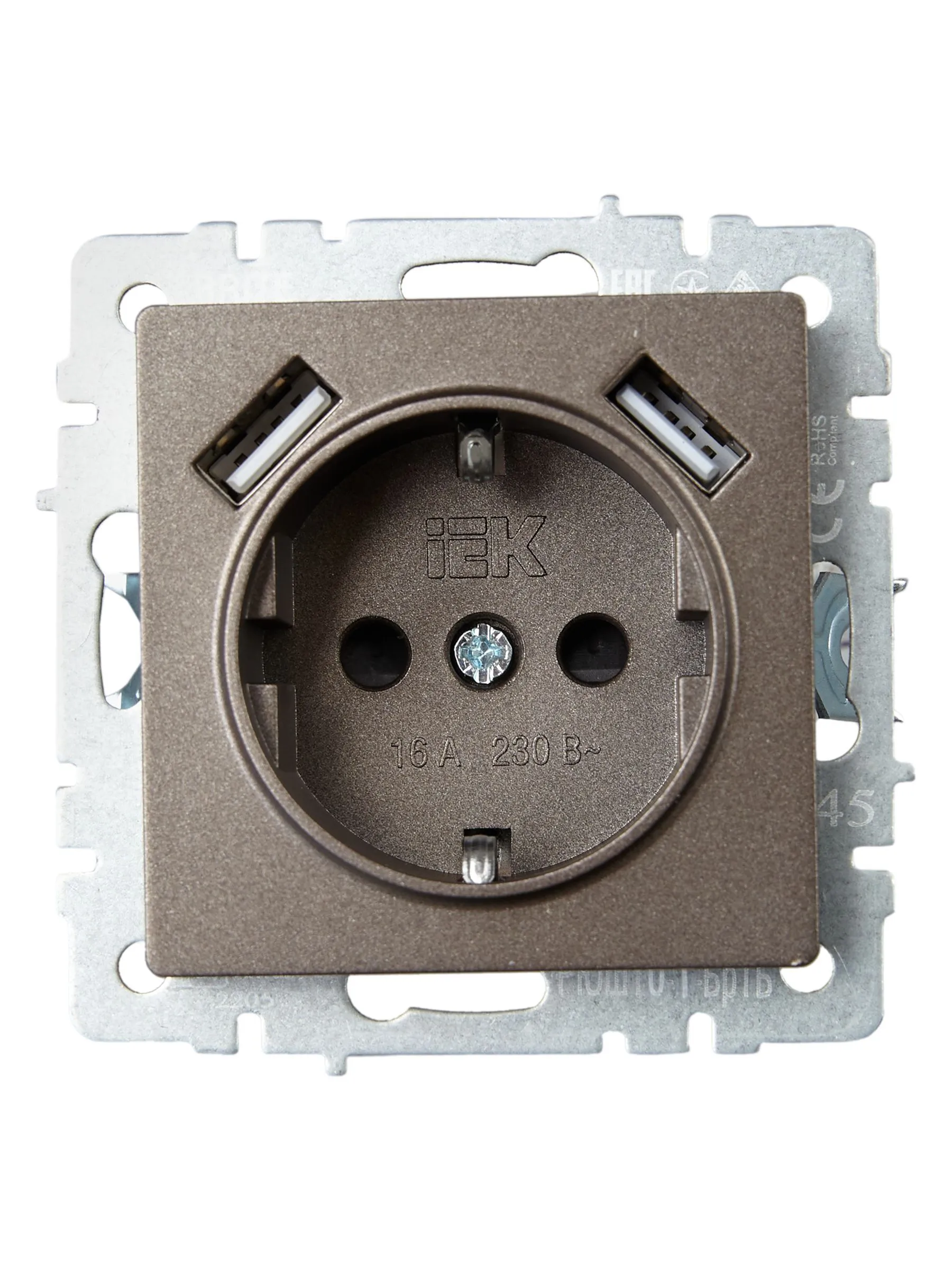 BRITE Розетка 1-местная с заземлением с защитными шторками 16А с USB A+A 5В 2,1А РЮш10-1-БрТБ темная бронза IEK - Фото 3