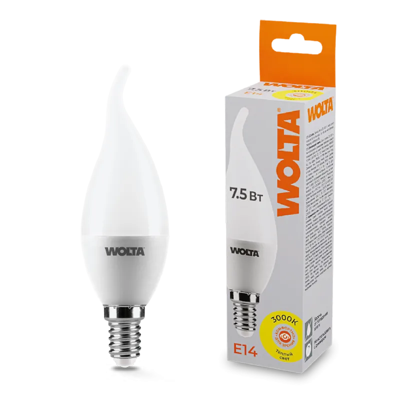 Лампа светодиодная "Свеча на ветру-CD37" 7.5Вт 450лм 3000К Е14 (50шт/уп) WOLTA
