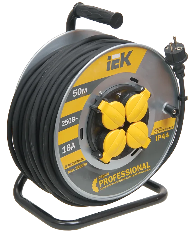 Катушка УК50 4 места IP44 с заземлением с термозащитой КГ 3х2,5мм2 на металлическом барабане "Professional" 50м IEK
