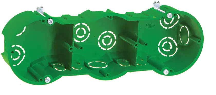 Коробка установочная КМ40024 трехместная для полых стен безгалогенная (HF) 212х70х45мм с саморезами и металлическими лапками IEK