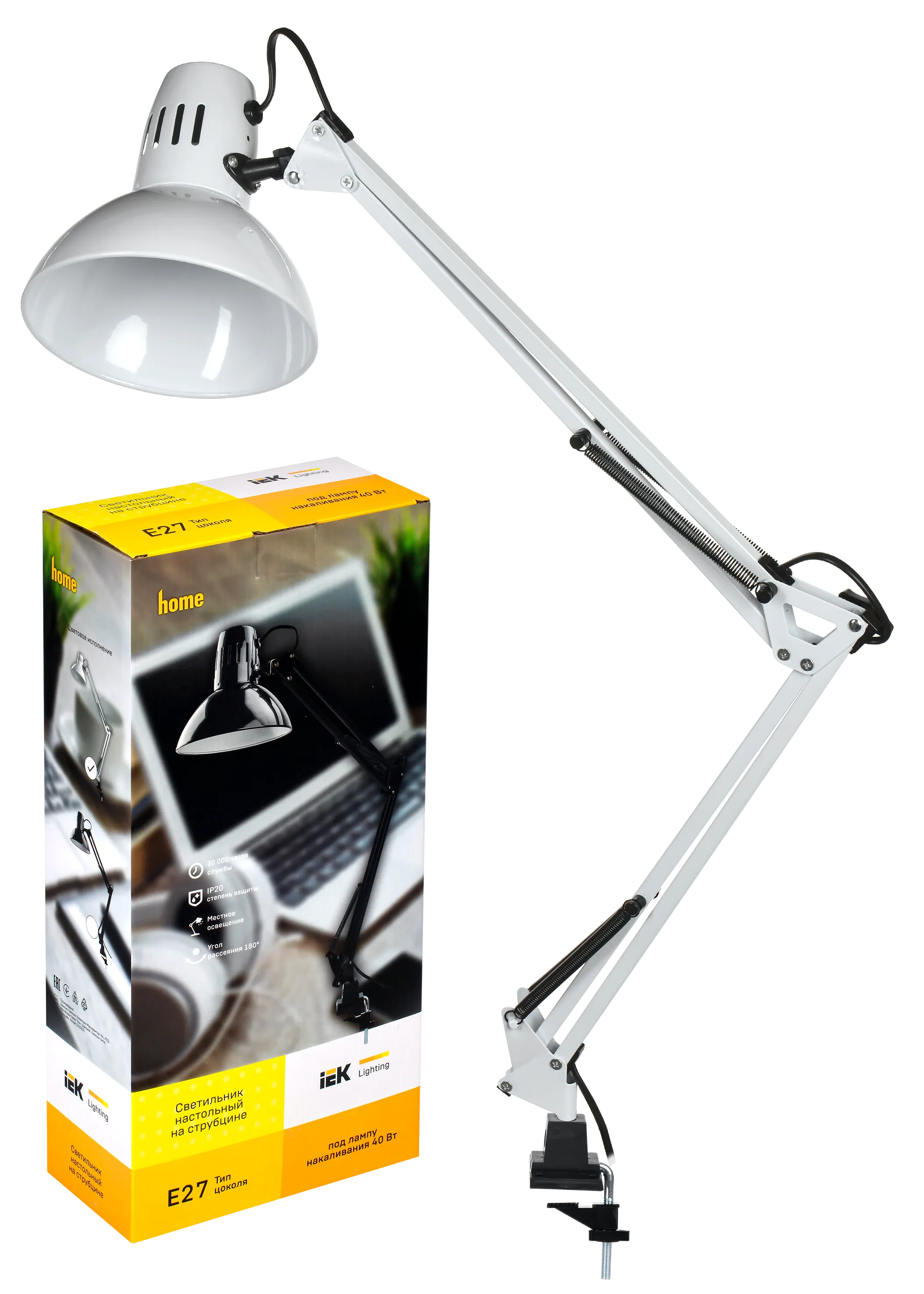 LIGHTING Светильник настольный 1014 пантограф на струбцине Е27 белый IEK - Фото 2